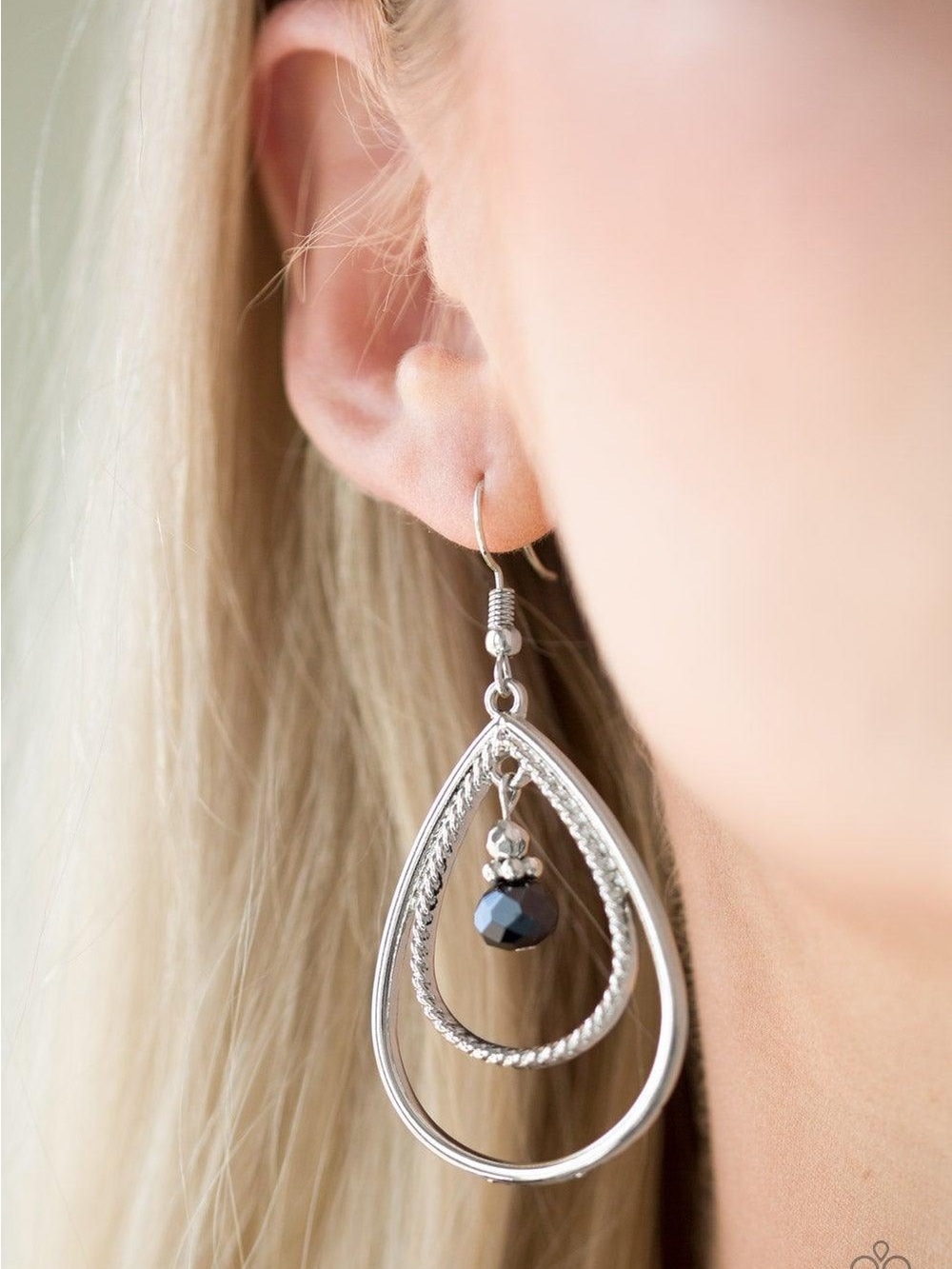 Silver Teardrop Dangle Earrings with Blue Bead